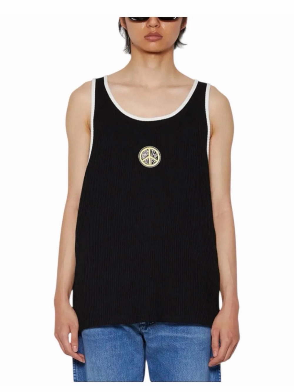 Black Ribbed Tank with White Trim and Yellow Patch